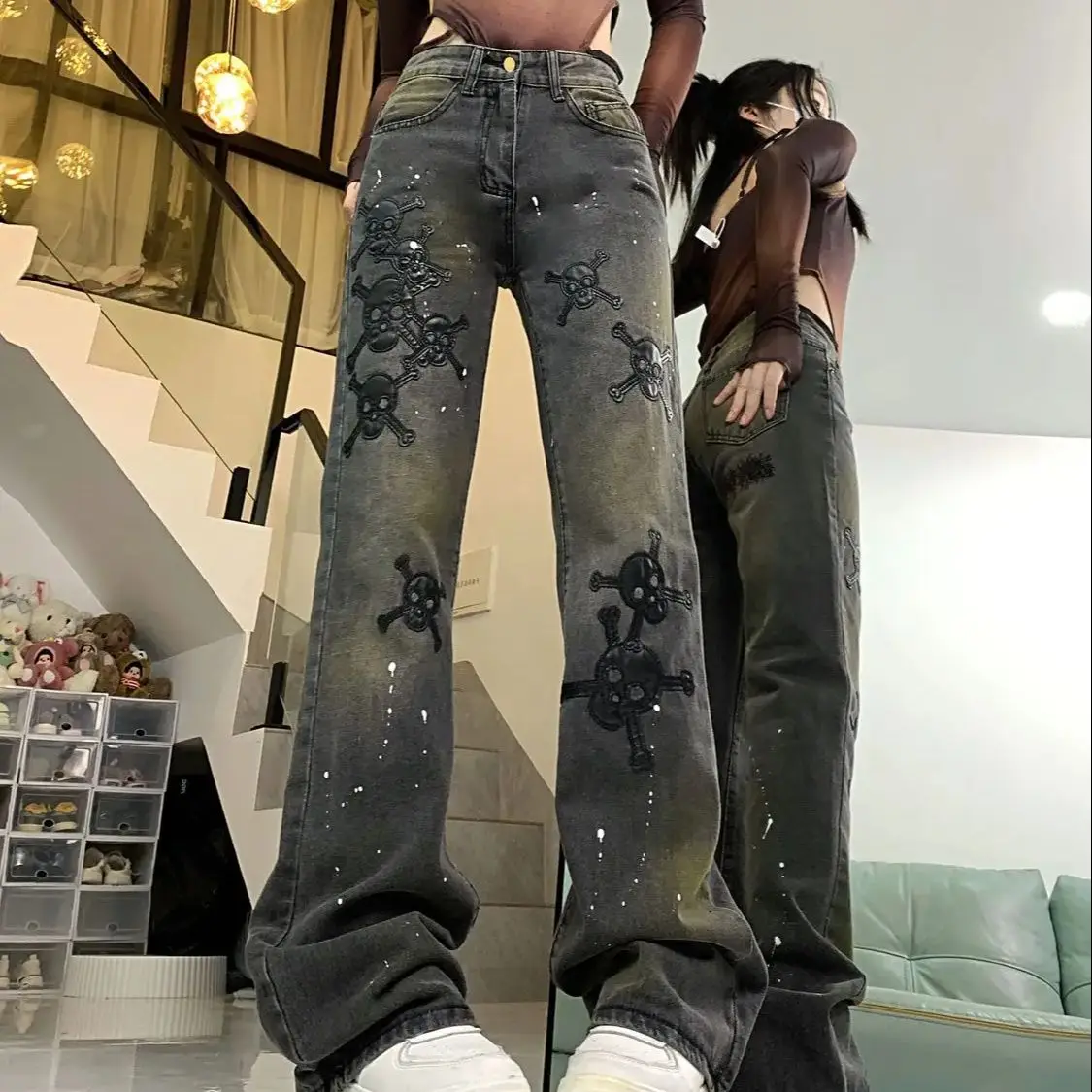 American High Street Jeans Splashed Withink Skull Patchwork Skin Slimming Embroidered Women Retro Trousers Loose Straight Niche