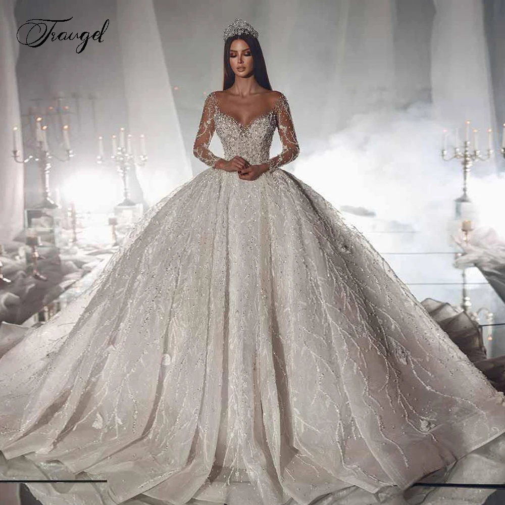 

Customized Ball Gown Luxury Wedding Dresses Scalloped Long Sleeve Vestido De Novia Lace Sequined Princess Robe De Mariee