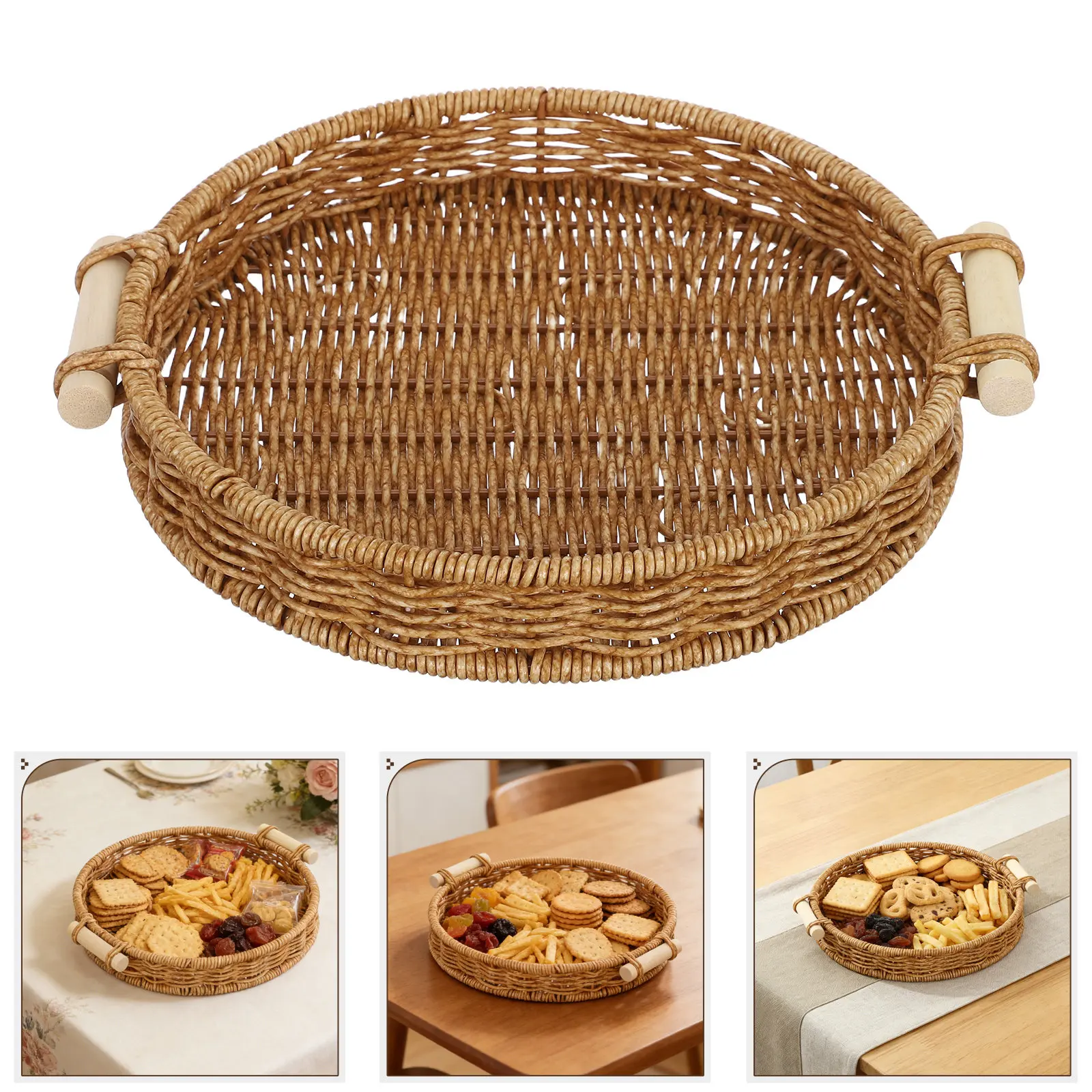 Imitation Rattan Bread Snack Basket Round Woven Serving Tray 27Cm Handles Coffee Tea Snack Food Storage Tray Chips Serving Bowls