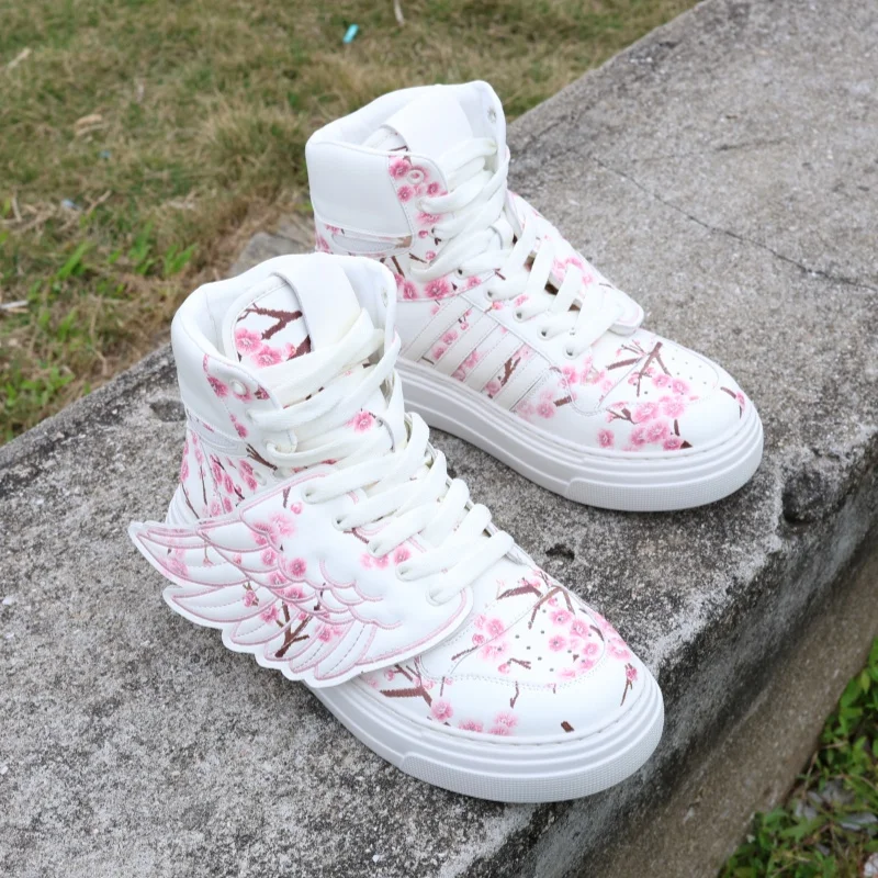 

Novelty Flower Wing Women Sneakers Fashion Chunky Heel High Top Casual Trainers Lace Up All Match Runway Sport Shoes Flat Heel