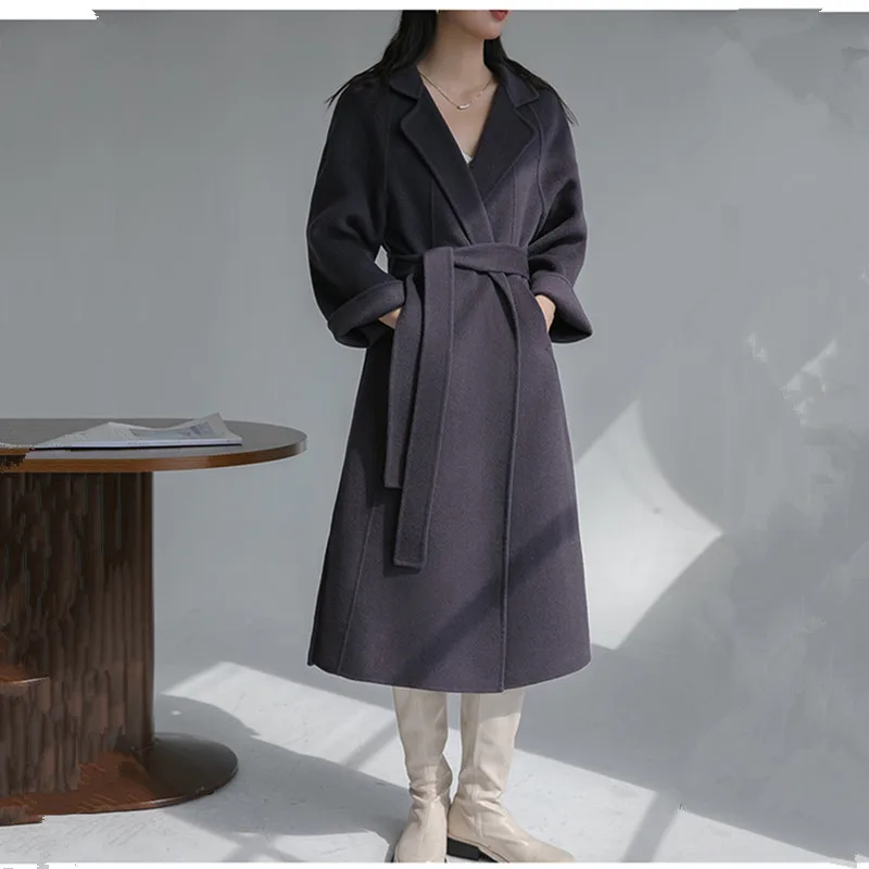 Autumn Winter Woolen Coat Women's High-Grade Double-Sided Cashmere Wool Jacket Female Lapel Belt Long Windbreaker Ladies 2806