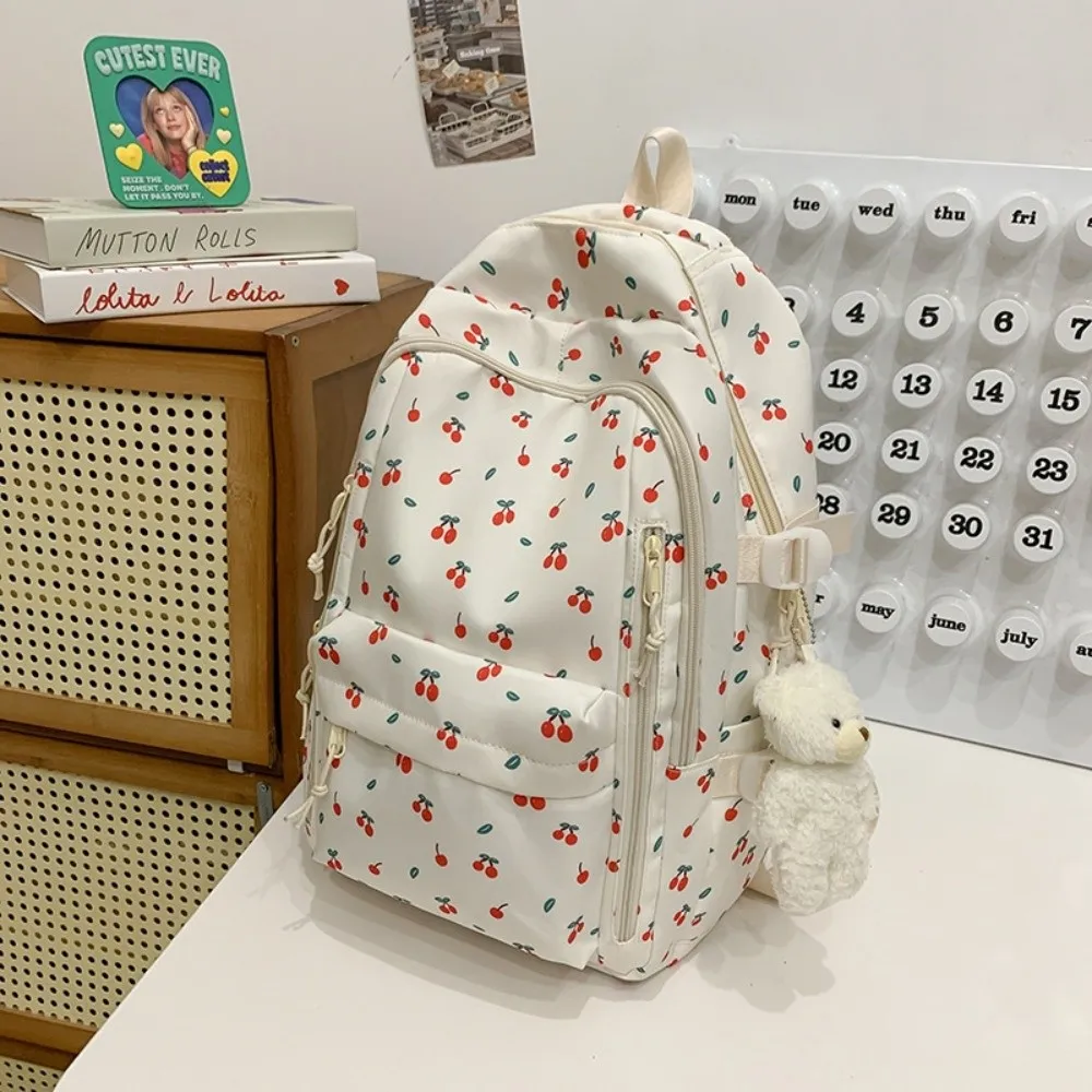 

Nylon Student's School Bag Floral Pattern Preppy Style Women's Backpack Large Capacity with Pendant Travel Rucksack