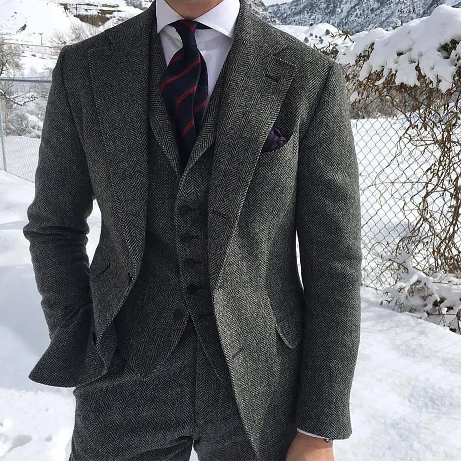 ANNIEBRITNEY Herringbone Tweed Suits for Men Slim Fit Tuxedo Man Suit Set Trajes De Hombre Anzug Herren Custom Made Men Suits