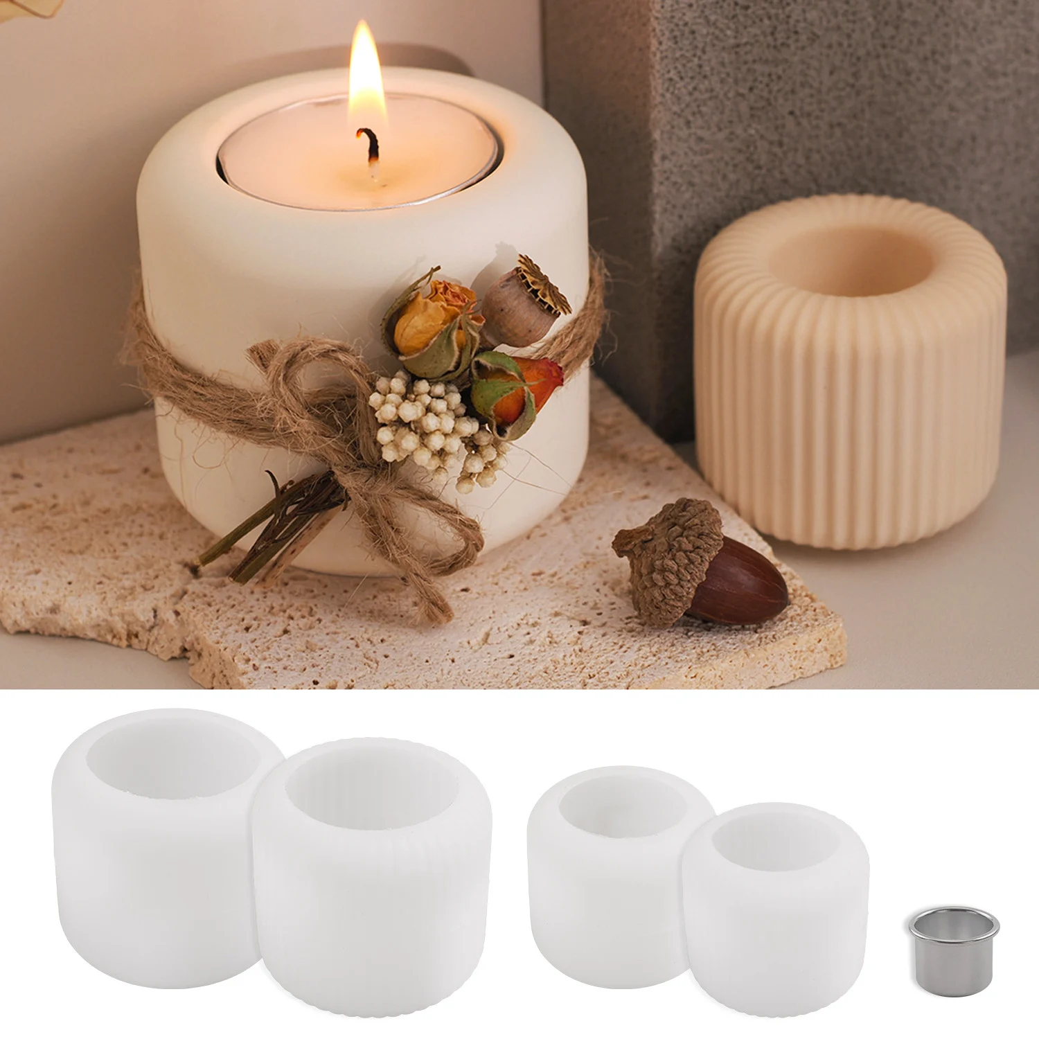 DIY Concrete Candlestick Silicone Mold Round Striped Craft Making Plaster Resin Tealight Candle Houlder Casting Molds Home Decor