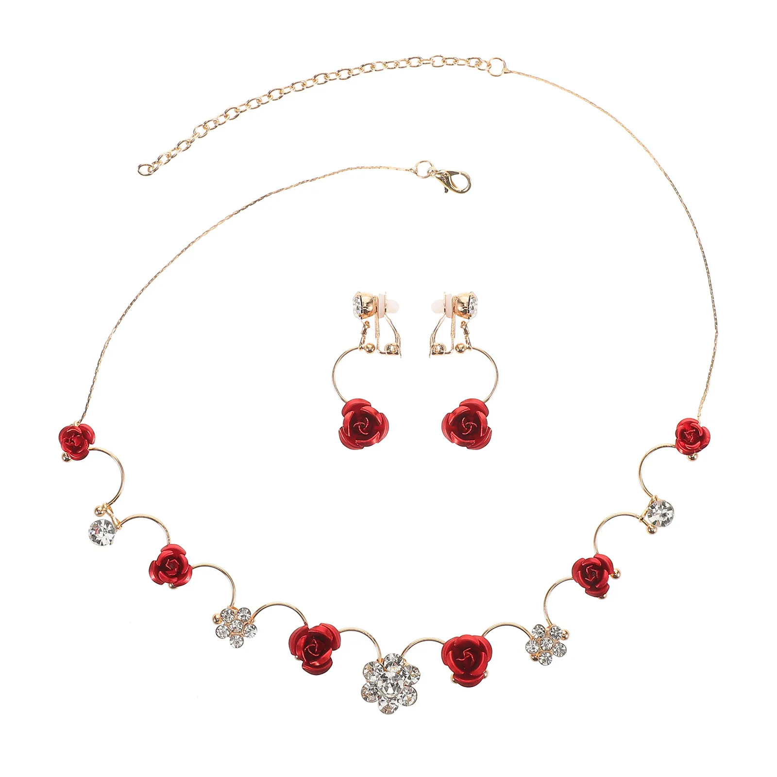 

Children Jewelry Set Red Flower Necklace Earrings Girls Performance Show Accessories Durable Plastic Alloy Toddler Kids Little