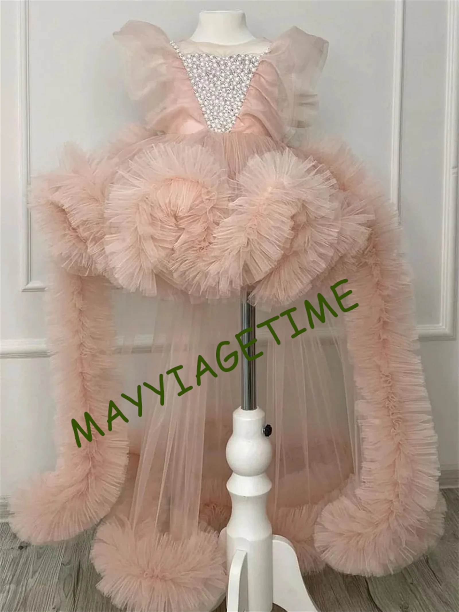 Robes bouffantes en tulle brodé pour filles, col rond, manches courtes, robes bouffantes de demoiselle d'honneur, robe Bob mignonne pour bébé fille, robes de soirée de mariage