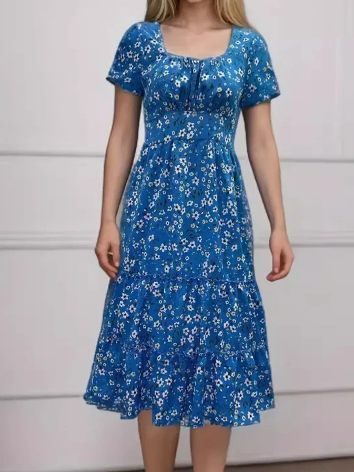 Women's Print Dress Fashion Boho Holiday Beach Dresses Lady Casual Short Sleeve Square Collar Long Dresses For Women Summer New