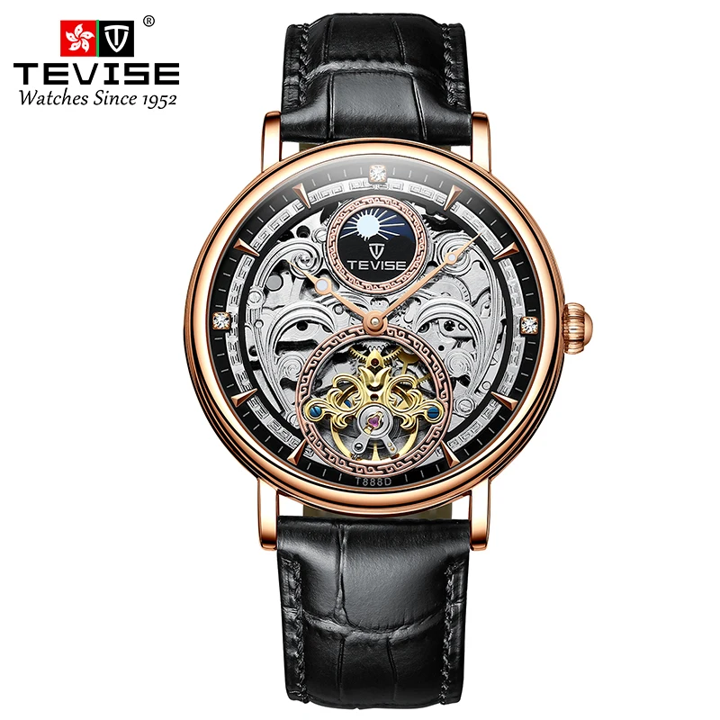 T888D TEVISE Men\'s mechanical watch, high-end fashion belt, hollowed out fully automatic watch