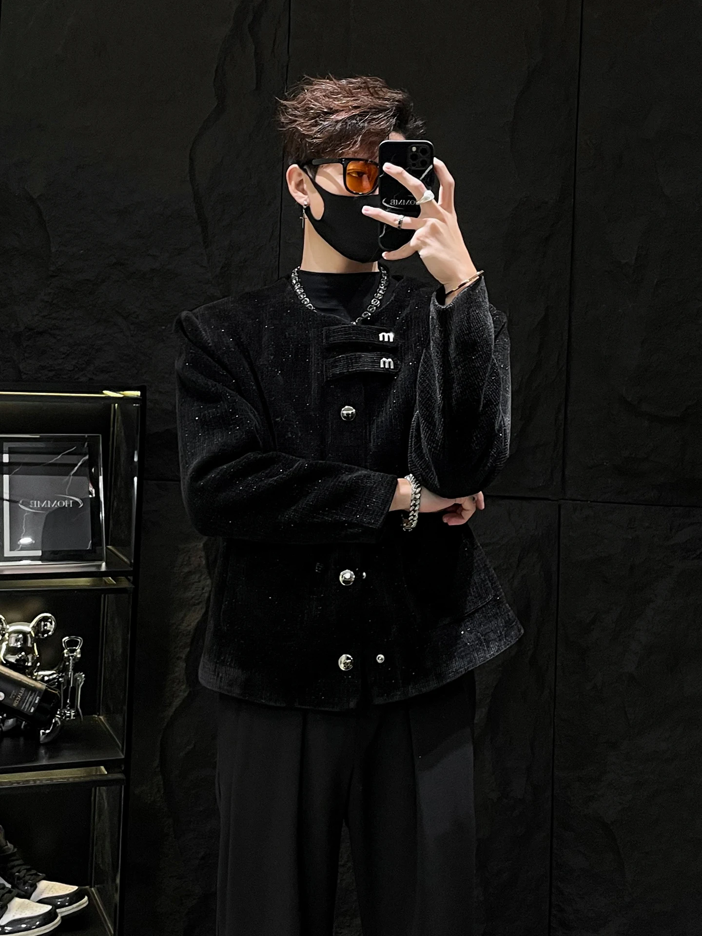 

Velvet Jaet for Men oulder Pad Metal Bule Cotton Lined Autumn Winter Outerwear Casual Sli No Collar Coat