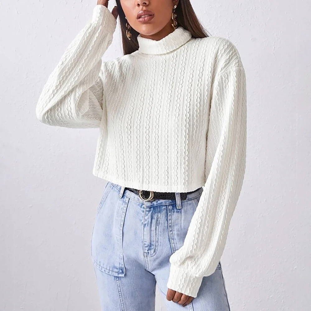 

Женские топы с высоким воротником, зимний однотонный пуловер с длинными рукавами, модная корейская вязаная повседневная футболка, элегантная одежда