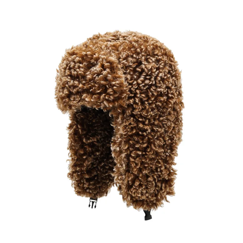 Modna czapka traperka dla dorosłych, czapka lotnicza uszanka na ekstremalne zimy, imitacja futra jagnięcego, wełniana czapka z ochroną uszu, ciepła damska czapka narciarska 8M97