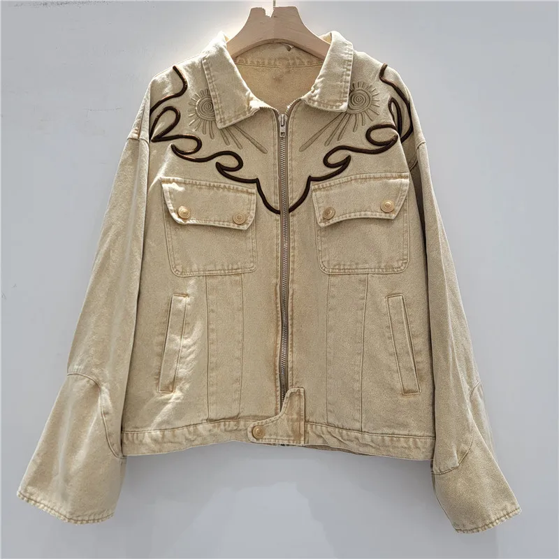 

American Retro Women's Jean Coats Khaki Embroidery Turn Down Collar Long Sleeve Outerwear 2025 New Casual Loose Denim Jackets