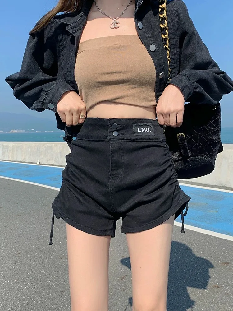 High Waist Drawstring Denim Shorts Women's Spring Summer New Style Spicy Girl Design A-Line Bodycon Hot Pants plus Size