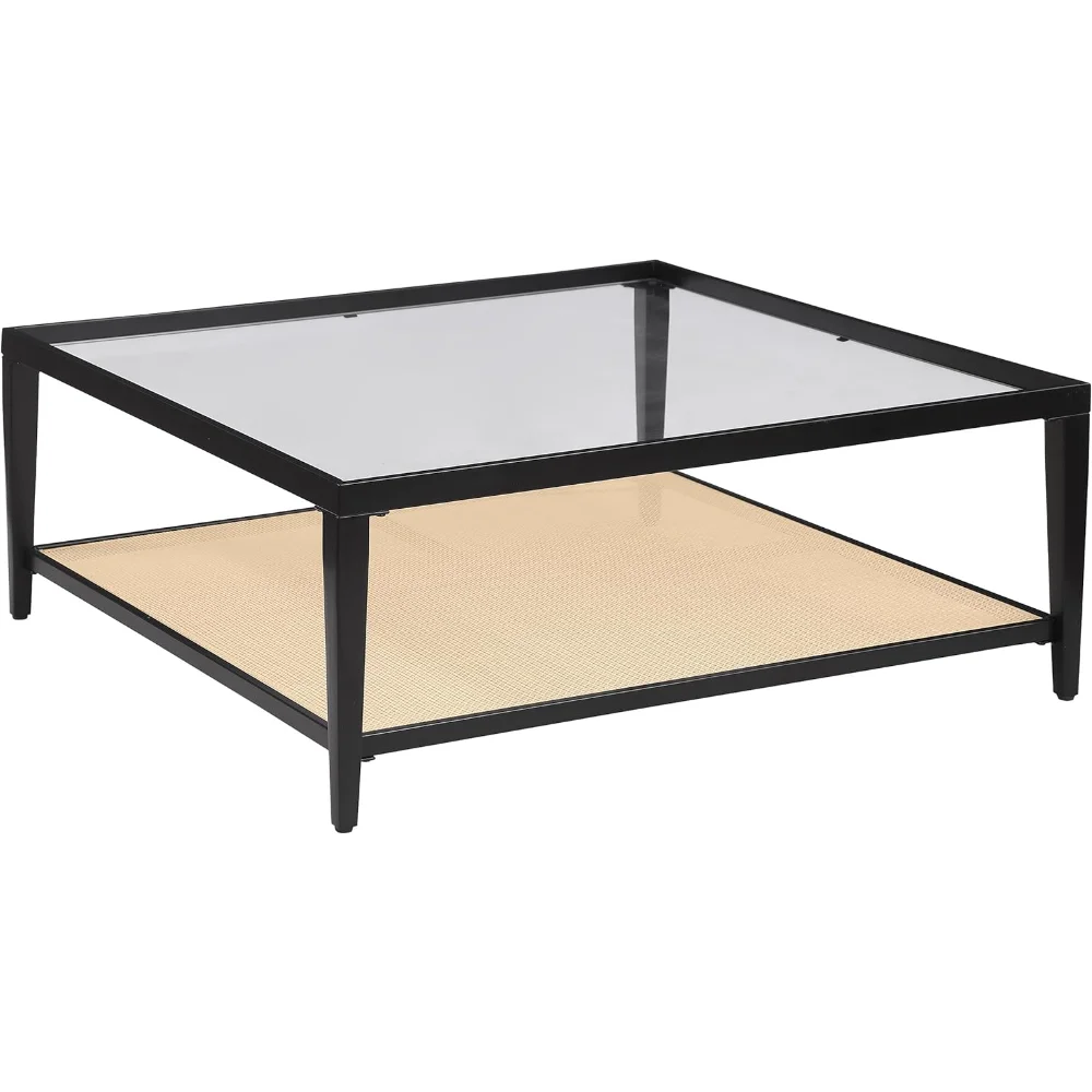 

40" Square Coffee Table - Glass Top with Black Metal Frame & Rattan Lower Shelf, Amherst Living Room Home Furnishings, Black