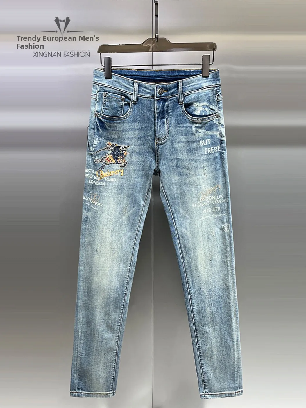 

Spring Summer Men's Slim Fit Jeans Blue Print Embroidery Waed Faionable Versatile Long Pants Comfortable Breathable Cotto...