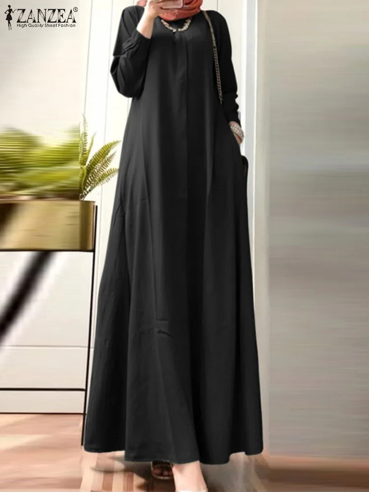 ZANZEA Fashion Casual Muslim Dress Women Puff Sleeve Dresses Autumn Elegant O-Neck Solid Color Sundress Holiday Long Robe 2023