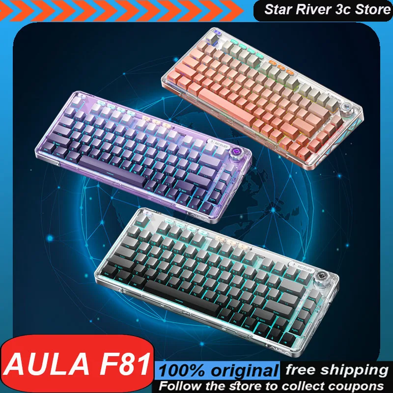 Aula F81 Mechanical Keyboard Transparent Pbt Side Engraving Wireless Three Mode Hot Plug Rgb Customized Laptop Gaming Keyboard