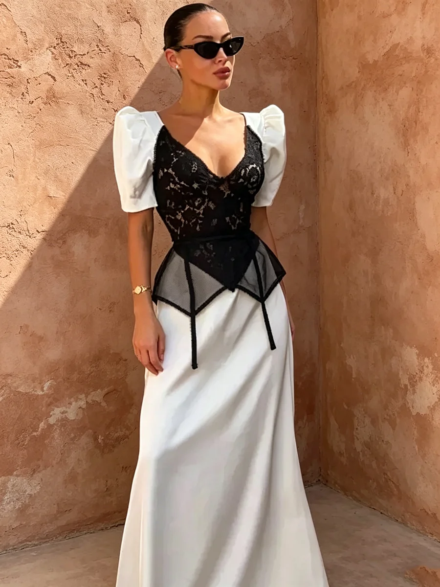 

Elegant French Vintage Two-Piece Dress Set Women Puff Sleeve Satin Black Lace Mesh Corset Waistcoat Elegant Formal Party Outfit