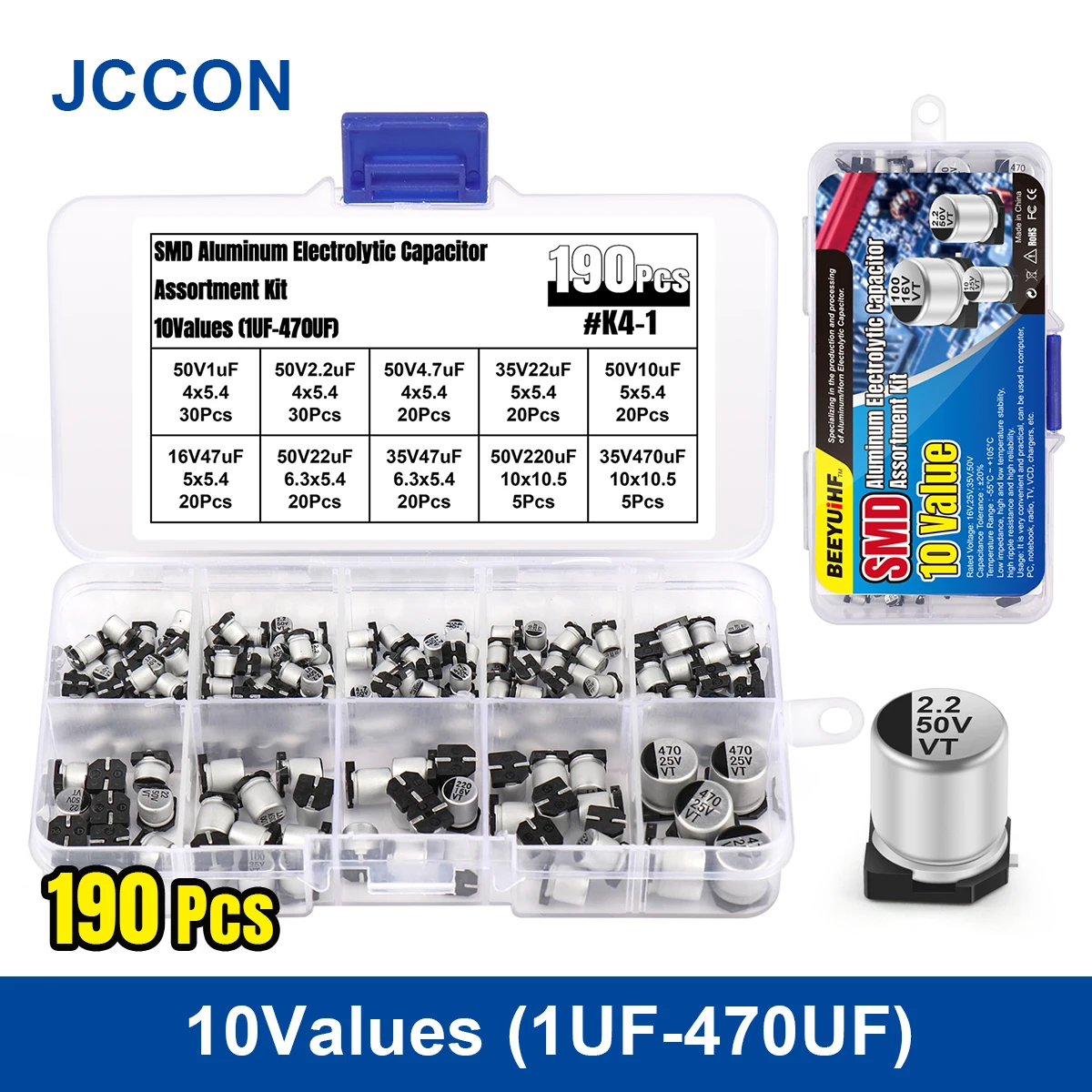 

190Pcs JCCON SMD Aluminum Electrolytic Capacitor Assortment Kit 10Values 1uF-470uF 1uF 2.2uF 4.7uF 10uF 22uF 47uF 220uF 470uF