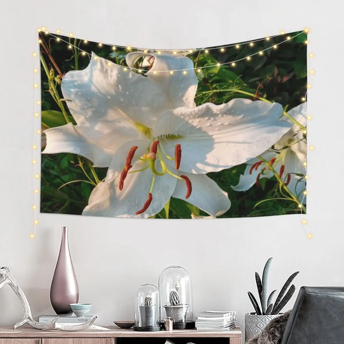 Brilliantly Illuminated Huge White Lily Inspires to Seek Enlightenment Tapestry Carpet Wall Bedroom Decoration Funny Tapestry