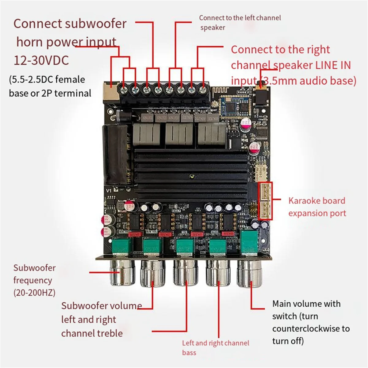 

AB25 ZK-APTX1 Bluetooth Digital Amplifier 2.1 Channel Qualcomm BT Amplifier Board 100W+100W+200W Bass Amp QCC3034+TPA3221 A