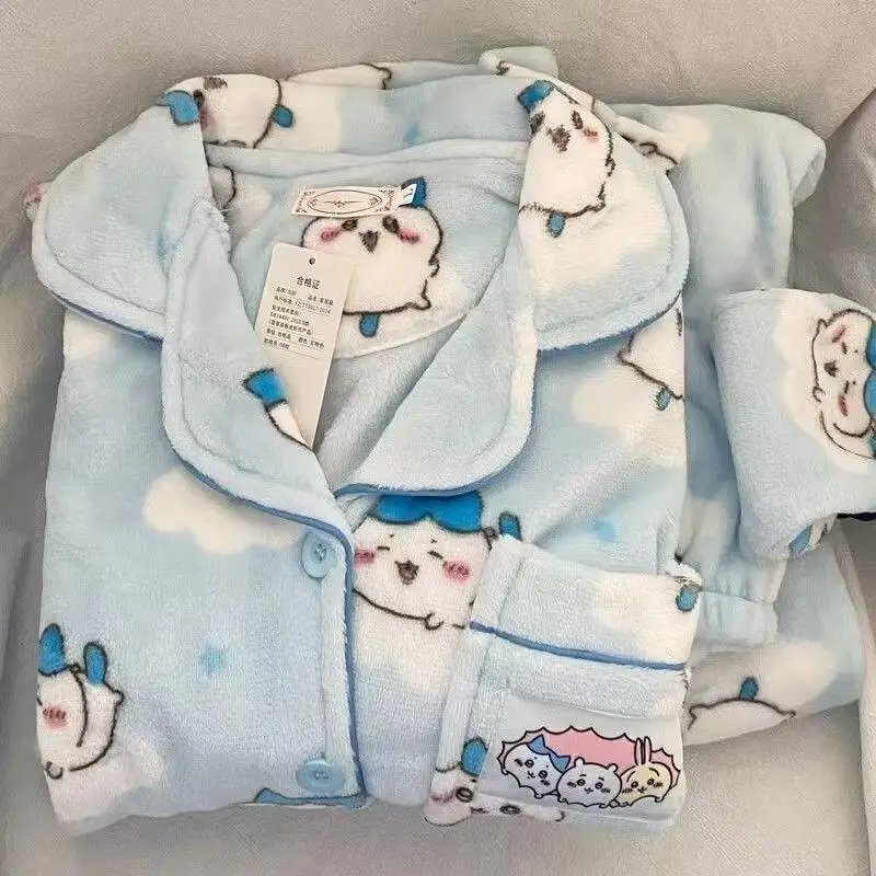 Nuevo Chikawa franela gruesa invierno Usagi pantalones de pijama de manga larga conjunto para mujeres más terciopelo lindo azul Hachiware ropa para el hogar
