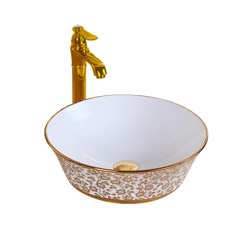 

Round table basin Ceramic wash Gold wash basin with color European art bowl basin