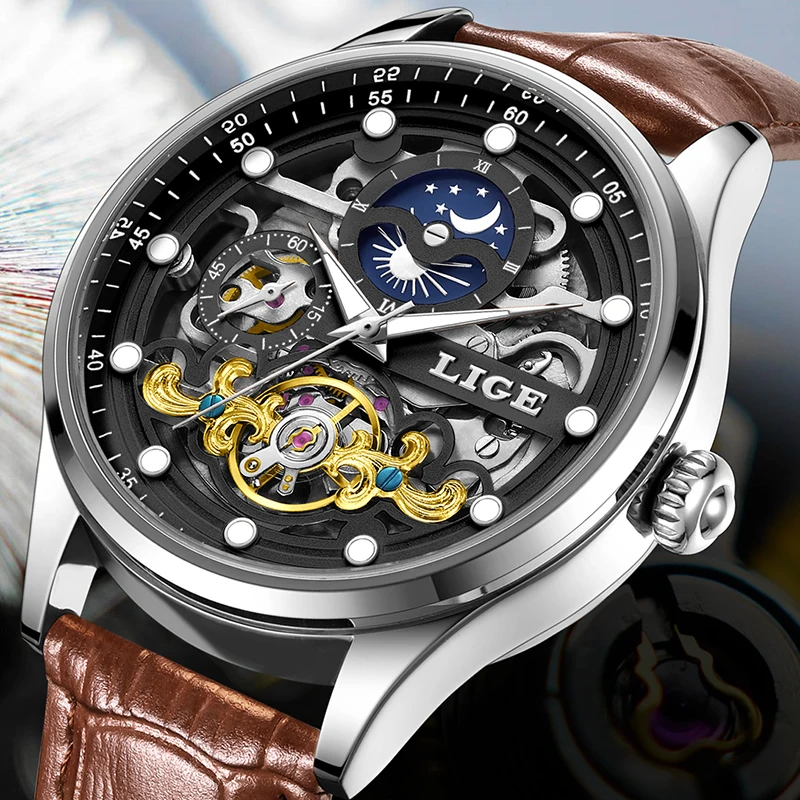 LIGE Hollow Mechanical Wristwatch for Men Fashion Leather Waterproof Watch Men Casual Business Luminous Automatic Men's Watches
