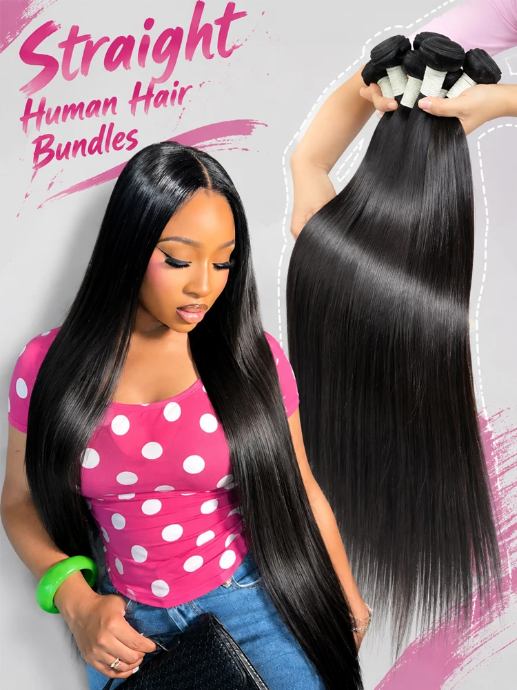 30 34 40 Inch Human Hair Bone Straight Human Hair Bundles Deal Brazilian Virgin 1/3/4 Bundles Raw Hair Extensions Natural Color