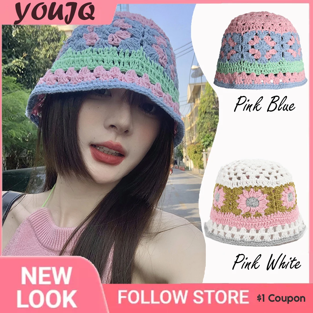 

Korean Cotton Knitted Crochet Flower Bucket Hat Fisherman Hats for Women Sweet Handmade Hollow Basin Beanie Hat Free Shipping