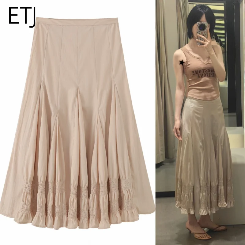 

ETJ Women's 2026 Spring Ruffled Midi Skirt Beige High Waist Smocked Panel A-Line Elegant French Vintage Romantic Style
