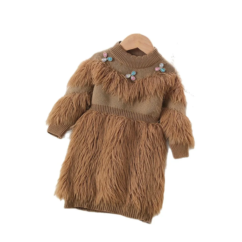 فستان غامض متماسك بلون سادة للأطفال فستان بناتي للأطفال شتاء خريفي جديد عصري كوري فضفاض حلو دافئ