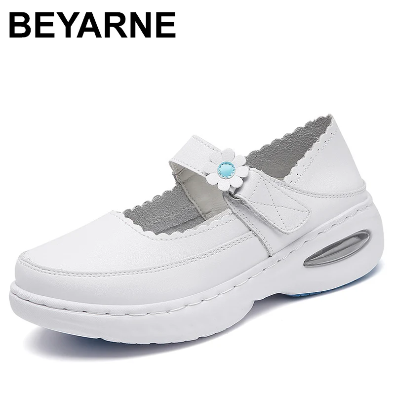 New Genuine Leather Round Toe Flat Non-slip Breathable Women\'s Flats Air Cushion Nurse Shoes White Wedges Hospital Work Shoes