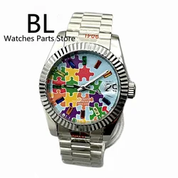 BLIGER 36mm/39mm Automatic Watch For Men NH35A Movement Silver Case Sky Blue Puzzle Dial Date Sapphire Glass Bracelet