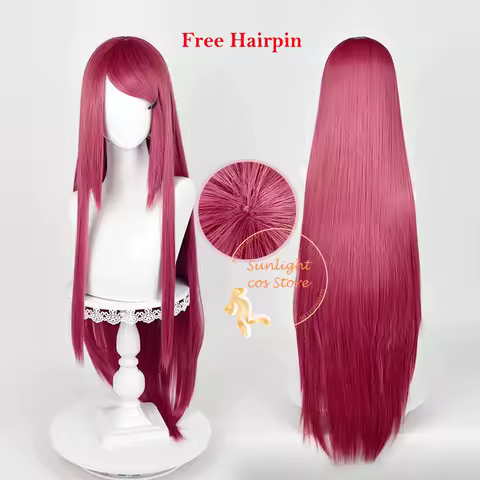 Anime Cosplay Wig 100cm Long Straight Rose Red Wigs Heat Resistant Synthetic Hair Halloween Party Women Wigs + Wig Cap