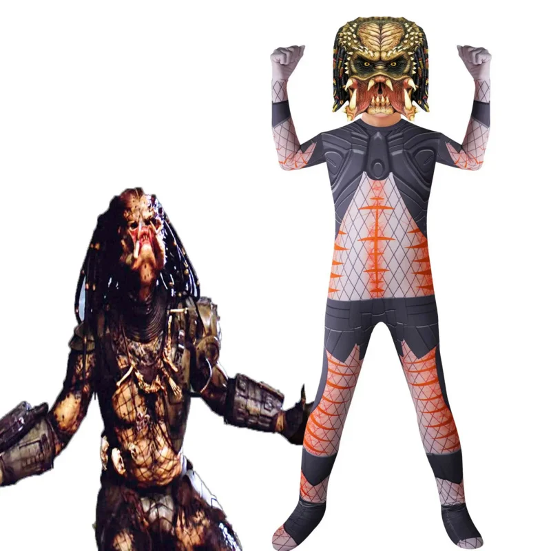 Film Alien vs. Raubtier Cosplay Kostüm Kind Bodysuit Jungen Zentai Halloween Raubtier Cosplay Overall mit Maske schrecklichen Anzug