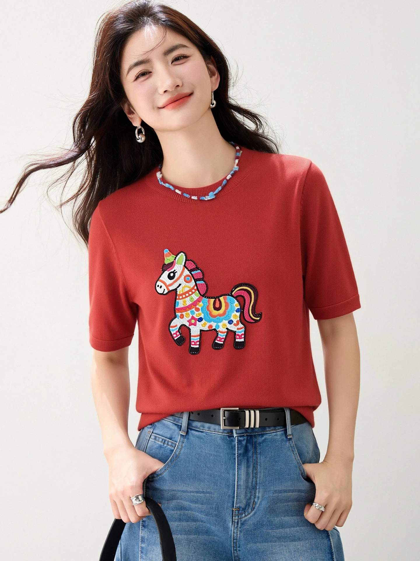 Women Red Pony Print Cotton Loose Short Sleeve T-shirt Early Spring Fashion Design