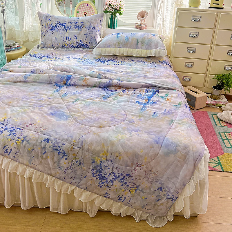 Floral Style Summer Duvet with Lace Quilted Bedspread for Beds Queen Size Cooling Quilt for Summer Flower Manta (No Pillowcase)