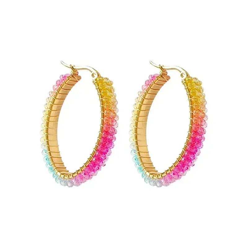 

Beaded earrings Circle Rainbow Gradient color Female Crystal Hand knitting Bohemia Alloy Fashion Simple Rice bead earrings