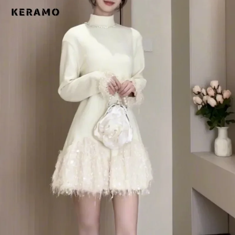 Fairy Sweet Style Long Sleeve Sequins Patchwork Mini Dresses 2025 Spring Women Elegant Turtleneck A-Line Tassels White Dress