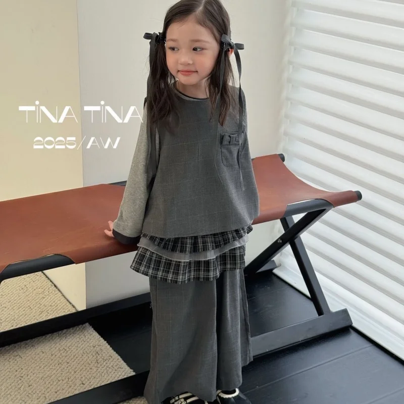 

SeasonSea серые клетчатые широкие брюки для девочек, осенне-зимние свободные брюки, детские повседневные брюки с эластичной резинкой на талии