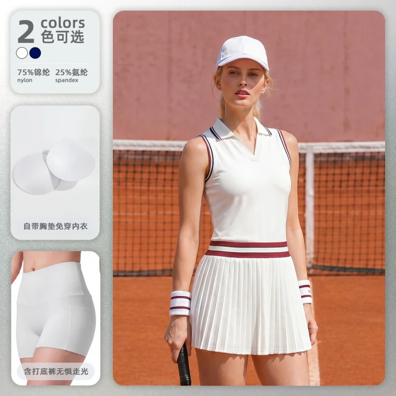 SharpStar New Polo Neck Sports Dress With Chest Pad Quick Dry Tennis Dress With Shorts Color-Blocked Pickleball Dress Plus Size