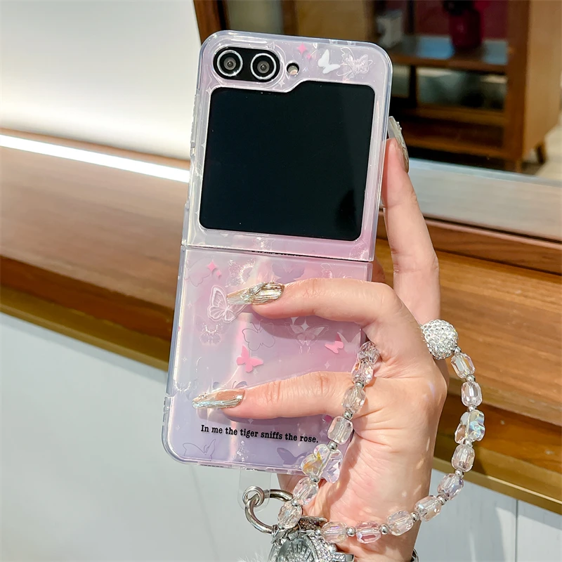 

For Samsung Galaxy Z Flip 3 4 5 6 Luxury Gradient Butterfly Crystal Strap Wrist Phone Case Cover