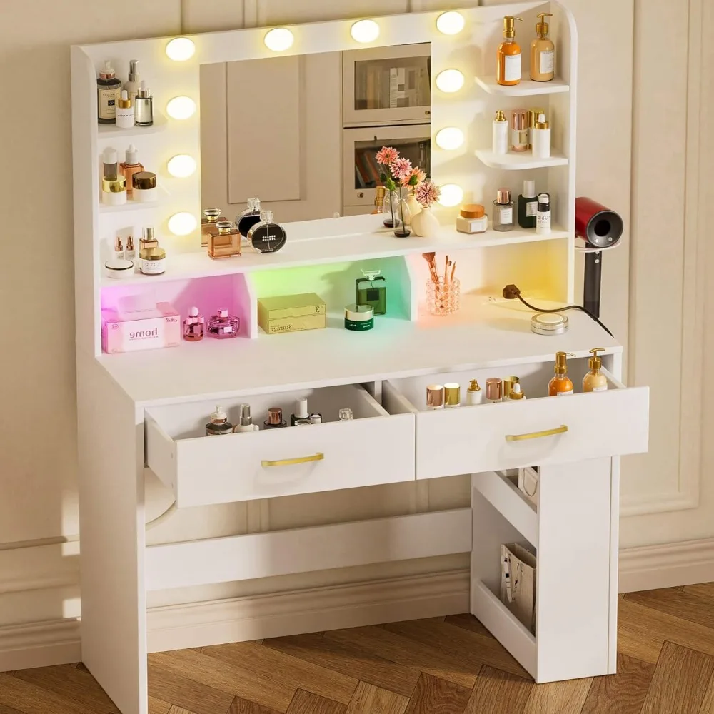 

Vanity Desk with Lighted Mirror and Power Outlet, RGB LED Lights Makeup Vanity Set for Girls, Large Storage Capacity Dre