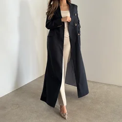 Fashion Navy Blue Women Jacket One Piece Summer Peak Lapel Double Breasted X-Long Blazer Basic Daily Casual Office Female Coat