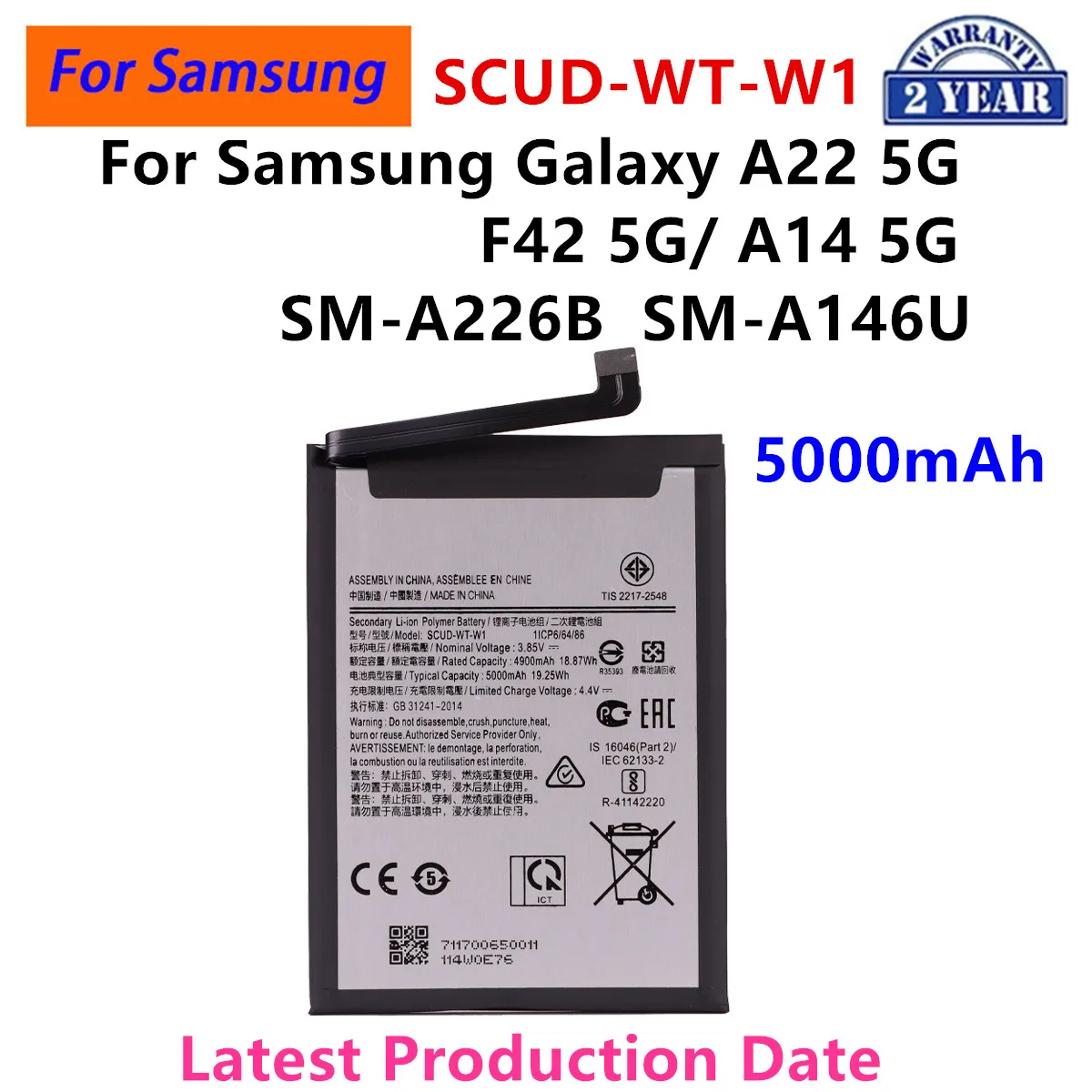 Brand New SCUD-WT-W1 5000mAh Battery For  Samsung  Galaxy A22 5G SM-A226B  F42 5G A14 5G SM-A146U A146B A146P A146W