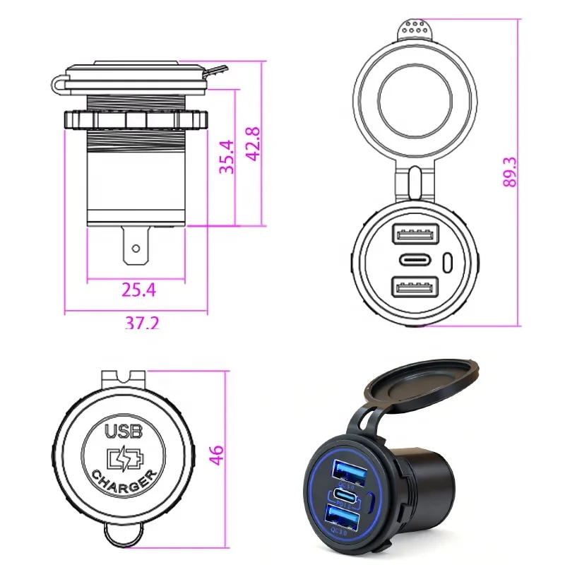Custom Embedded Two Type C Pd and One Usb Qc 12V 24V Usb Mobile Chargers Charger Outlet Socket for Bus Coach Electric Scooter