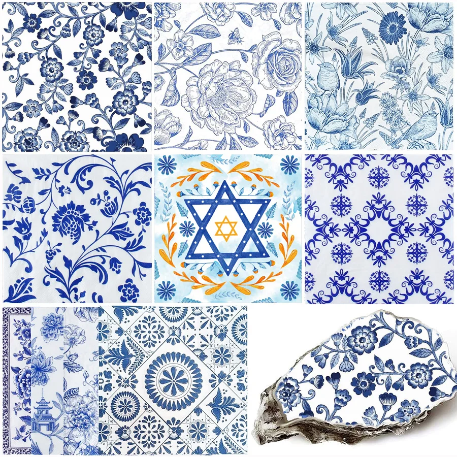 30 autocollants décoratifs en papier de porcelaine bleue et blanche à motif floral, pour décollage, décoration coquille d'huître, bricolage, chinoiserie, scrapbooking, fournitures artisanales