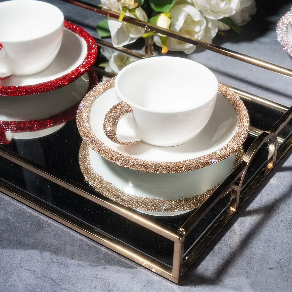 Bling Ceramic Cup with Rhinestone Handle And Saucer 300ml Women's Drinking Mug for Office Use Versatile for Milk Juice Coffee Wa