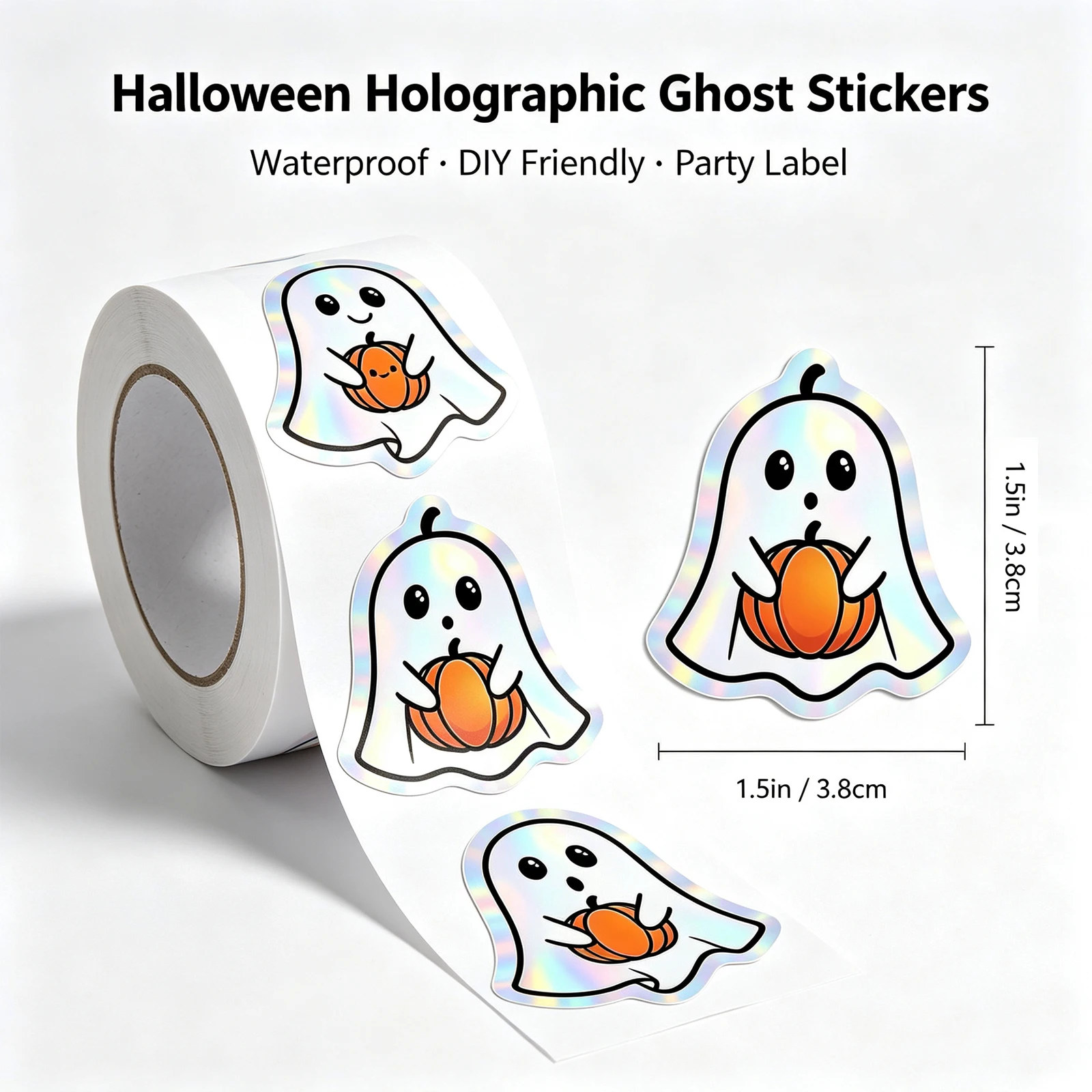 300Pcs 1.5In/3.8Cm Halloween Ghost Pumpkin DIY Waterproof Stickers Halloween Party Atmosphere Stickers Envelope Decoration Packaging Label Stickers Glitter Ghost Sticker Roll Behavior Reward Stickers